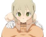  1boy 1girl :&gt;= artist_name bar_censor blonde_hair breasts censored commentary commission english_commentary felipe_godoy fellatio gloves green_eyes hand_on_another&#039;s_thigh highres maka_albarn mosaic_censoring nipples nude oral pov simple_background small_breasts soul_eater twintails white_background white_gloves 
