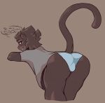 anthro blush blush_lines bulge carameltsi clairen_(rivals_of_aether) clothing dialogue felid feline female hi_res leopard looking_at_viewer looking_back mammal oversized_clothing oversized_topwear pantherine panties raised_tail rear_view rivals_of_aether shaded simple_shading smile solo tail topwear underwear
