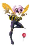  1girl antennae arthropod_girl artist_request bee_girl breasts compound_eyes covered_nipples hands_up highres insect_wings large_breasts looking_at_viewer non-web_source outstretched_arm outstretched_leg purple_hair q-bee short_hair simple_background standing standing_on_one_leg two-tone_bodysuit vampire_(game) wings 