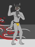 abstract_background anthro anthrofied clothed clothing fist flexing flexing_bicep full-length_portrait fuze generation_3_pokemon hi_res jockstrap jockstrap_only male navel nintendo nipples pawl_(fuze) pokemon pokemon_(species) pokemorph poochyena portrait solo topless underwear underwear_only
