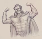  1boy abs armpit_stubble bara bare_pectorals biceps coat coat_on_shoulders cropped_torso dio_(final_fantasy) double_biceps_pose final_fantasy final_fantasy_vii final_fantasy_vii_rebirth final_fantasy_vii_remake flexing graphite_(medium) greyscale hairy large_pectorals long_mustache looking_at_viewer male_focus mature_male monochrome muscular muscular_male navel navel_hair nipples no_shirt old old_man pectorals photo_(medium) short_hair smile solo sparse_chest_hair stomach strongman_waist thick_arm_hair thick_eyebrows thick_navel_hair traditional_media wrinkled_skin ya_su_yu_ki 