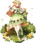  1girl :3 animal_ears bare_arms bare_legs bare_shoulders basket breasts bush clara_(eversoul) cookie cup dog_ears dog_girl dog_tail dress eversoul falling_leaves flower food full_body game_cg green_dress green_flower highres holding holding_basket holding_food leaf light_blush long_hair medium_breasts neck_ribbon non-web_source off_shoulder official_alternate_costume official_alternate_hairstyle official_art open_mouth orange_hair outdoors purple_eyes ribbon sandals sidelocks sleeveless solo standing tachi-e tail tea teacup transparent_background tree_stump vegetable white_flower white_footwear yellow_flower 