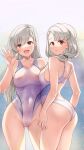  2girls ass ass_visible_through_thighs asymmetrical_bangs bare_back bare_shoulders black_ribbon blue_eyes blush braid braided_bangs breasts collarbone competition_swimsuit covered_navel grey_hair hair_over_shoulder hair_ribbon highleg highleg_swimsuit highres hisakawa_hayate hisakawa_nagi idolmaster idolmaster_cinderella_girls large_breasts long_hair looking_at_viewer mk_(mod0) multiple_girls nipples one-piece_swimsuit open_mouth pubic_hair red_eyes ribbon see-through siblings sisters small_breasts smile standing swimsuit twins wet 