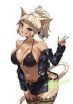  1girl animal_ears armpits black_jacket black_one-piece_swimsuit blonde_hair blue_eyes blush breasts cat_ears cat_tail cleavage commission covered_navel feet_out_of_frame final_fantasy final_fantasy_xiv fishnet_swimsuit fishnet_thighhighs fishnets gyaru hand_on_own_hip heart heart-shaped_pupils highres jacket jewelry kogal large_breasts leather leather_jacket lipstick looking_at_viewer makeup miqo&#039;te multicolored_hair nail_polish necklace one-piece_swimsuit pixiv_commission ponytail rantia shiny_skin signature simple_background smile solo streaked_hair swimsuit symbol-shaped_pupils tail tan teeth thighhighs warrior_of_light_(ff14) white_background 