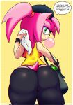 2024 amy_rose anthro big_butt black_nose bodily_fluids bubble_gum butt clothed clothing deegee english_text eulipotyphlan eyelashes female green_eyes hair hedgehog hi_res huge_butt looking_at_viewer looking_back looking_back_at_viewer mammal pink_hair sega simple_background solo sonic_the_hedgehog_(series) speech_bubble sweat tail talking_to_viewer text thick_thighs towel