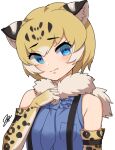  1girl animal_ears animal_print arizonan_jaguar_(kemono_friends) arm_at_side bare_shoulders black_hair blonde_hair blue_eyes blue_necktie blue_shirt breast_pocket closed_mouth elbow_gloves empty_eyes extra_ears frilled_shirt frills fur_scarf gloves grey_background grey_hair hand_up hatagaya head_tilt jaguar_ears jaguar_print kemono_friends looking_at_viewer multicolored_hair necktie pocket print_gloves ringed_eyes scarf shirt short_hair simple_background sleeveless sleeveless_shirt solo suspenders upper_body 