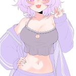  1girl :3 blush breast_focus breasts claw_pose cleavage cleavage_cutout close-up clothing_cutout collarbone commentary crop_top eyelashes hand_on_own_hip highres hololive hood hoodie messy_hair navel nekomata_okayu off_shoulder open_clothes open_hoodie pale_color pink_eyes purple_hoodie savi_(byakushimc) short_hair solo upper_body virtual_youtuber white_background 
