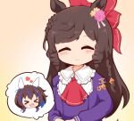  &gt;_&lt; 2girls :d ^_^ animal_ears blush_stickers bow braid brown_background brown_hair chibi closed_eyes closed_mouth daiichi_ruby_(umamusume) daitaku_helios_(umamusume) dress drill_hair flower gomashio_(goma_feet) hair_bow hair_flower hair_ornament hairclip heart horse_ears horse_girl horse_tail long_hair long_sleeves multiple_girls own_hands_together pink_flower pink_rose puffy_long_sleeves puffy_sleeves purple_dress red_bow rose side_drill side_ponytail smile star_(symbol) star_hair_ornament tail twin_drills umamusume very_long_hair xd yellow_flower yellow_rose 