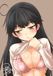  ahoge black_eyes black_hair blush bra breasts cleavage closed_mouth clothes_lift floral_print head_tilt kantai_collection large_breasts lifted_by_self lips long_hair red_bra ribbed_sweater solo sweater sweater_lift turtleneck turtleneck_sweater underwear upper_body ushio_(kantai_collection) yua_(checkmate) 