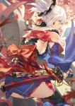  1girl ass asymmetrical_hair back blue_eyes blue_kimono breasts detached_sleeves earrings fadingz fate/grand_order fate_(series) hair_ornament highres japanese_clothes jewelry katana kimono large_breasts leaf_print looking_at_viewer looking_back miyamoto_musashi_(fate) miyamoto_musashi_(second_ascension)_(fate) obi pink_hair ponytail sash short_kimono sideboob sleeveless sleeveless_kimono solo swept_bangs sword weapon 