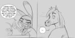 anthro basket bodily_fluids buck_colton_(thehumancopier) clothing container dialogue disney duo easter egg english_text equid equine eyebrows fan_character female fingers grey_background greyscale hair half-closed_eyes holidays horse judy_hopps lagomorph leporid long_ears male mammal monochrome narrowed_eyes open_mouth rabbit shirt simple_background speech_bubble sweat t-shirt teeth text thehumancopier topwear zootopia