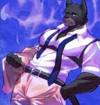 absurd_res anthro belt biped black_body black_fur cigarette clothed clothing domestic_cat erosterone felid feline felis fur hi_res male mammal muscular muscular_anthro muscular_male necktie shirt smoking smoking_cigarette solo tail topwear