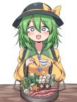  1girl :d blouse blush bow breasts buttons diamond_button eating excited food frilled_shirt frilled_sleeves frills green_hair hair_between_eyes hands_up hat hat_bow highres komeiji_koishi medium_breasts medium_hair o_o shirt siw0n small_breasts smile solo striped_clothes striped_shirt touhou upper_body yellow_bow 