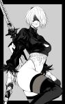  1girl 2b_(nier:automata) absurdres blindfold boots breasts closed_mouth commentary feather_trim gloves grey_eyes greyscale hair_between_eyes hairband highleg highleg_leotard highres holding holding_weapon leotard lips long_sleeves medium_breasts mole mole_under_mouth monochrome nier:automata nier_(series) nishiii26miii puffy_sleeves short_hair simple_background solo sword thigh_boots thighhighs thighs turtleneck weapon weapon_on_back 