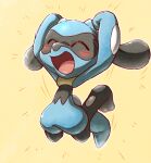 2022 ambiguous_gender black_body blue_arms blue_fingers blue_tail blush eyes_closed full-length_portrait generation_4_pokemon happy irago multicolored_body nintendo open_mouth open_smile pink_tongue pokemon pokemon_(species) portrait riolu smile solo tail tongue