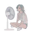  1girl bang_dream! bare_legs commentary_request crossed_legs electric_fan fresa_pie full_body green_eyes green_shirt hikawa_hina medium_hair open_mouth shirt short_sleeves simple_background solo white_background white_footwear white_shirt 