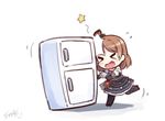  &gt;_&lt; black_hat brown_hair bumping chibi closed_eyes elbow_gloves gloves hat hurt langbazi open_mouth personification red_footwear refrigerator rms_titanic shoes short_hair signature solo star thighhighs titanic 
