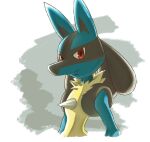 2022 anthro black_body blue_arms blue_ears chest_spike fur generation_4_pokemon grey_background irago iris lucario multicolored_body nintendo pokemon pokemon_(species) pupils red_eyes signature simple_background smile solo spikes spikes_(anatomy) white_background yellow_body yellow_fur