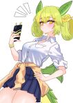  1girl absurdres breasts clothes_around_waist dragon_girl dragon_horns dragon_tail dragon_wings duel_monster green_hair gyaru hand_on_own_hip highres holding holding_phone horns jacket jacket_around_waist kogal light_blush low_wings oldsickkim parlor_dragonmaid partially_unbuttoned phone pleated_skirt school_uniform shirt skirt solo tail white_shirt wings yellow_eyes yellow_nails yu-gi-oh! 