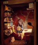  2017 barefoot bed bird bird_on_lap book bookshelf brown_eyes brown_hair chick desk desk_lamp dress elf english happy_new_year highres lamp long_hair new_year on_bed original parted_lips pillow pointy_ears ryu_(17569823) shirt sitting sitting_on_bed sitting_on_lap sitting_on_person sleeping wide_sleeves 