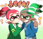  blush cardigan clenched_hand eromame green_eyes green_hair hand_on_another&#039;s_back high_ponytail inkling inkling_boy inkling_player_character jacket looking_at_viewer pointy_ears ponytail red_eyes red_hair smile splatoon_(series) splatoon_1 tentacle_hair thick_eyebrows twitter_username visor_cap yaoi 