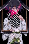  1boy black_background black_hair black_scarf blood blood_in_hair blood_on_clothes blood_on_face buttons chain checkered_clothes checkered_scarf colored_tips commentary_request cowboy_shot danganronpa_(series) danganronpa_v3:_killing_harmony double-breasted finger_in_own_mouth fingernails flower holding holding_frame iei jacket layered_sleeves long_sleeves looking_at_viewer male_focus me_(lililico) multicolored_hair oma_kokichi partial_commentary pink_shirt purple_eyes purple_hair scarf shirt short_hair simple_background solo spider_lily two-tone_scarf white_flower white_jacket white_scarf white_sleeves 