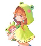  1girl absurdres animal_costume animal_hood chibi choker dual_persona earrings feather_earrings feathers frog frog_costume frog_hood frogiwawa green_choker highres holding hololive hololive_english hood jewelry looking_at_viewer lucferz official_alternate_costume onesie open_mouth orange_hair purple_eyes simple_background smile solo takanashi_kiara takanashi_kiara_(casual) virtual_youtuber white_background 