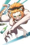  1girl absurdres aira_kanae angry animal_ears animal_print bikini boots bottle claws collar dynamic_pose green_eyes highres juuni_taisen looking_at_viewer messy_hair open_mouth orange_hair short_hair slit_pupils solo swimsuit teeth thigh_boots thighhighs tiger_ears tiger_print toned usagits_00 