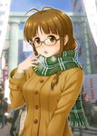  akizuki_ritsuko antenna_hair black-framed_eyewear braid brown_eyes brown_hair glasses hida_tatsuo idolmaster idolmaster_(classic) long_hair long_sleeves looking_at_viewer open_mouth plaid plaid_scarf scarf solo 