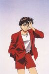  1990s_(style) 1girl artist_request brown_hair gradient_background grin hand_on_own_face highres izumi_noa jacket key_visual kidou_keisatsu_patlabor looking_at_viewer official_art production_art promotional_art retro_artstyle scan short_hair shorts smile third-party_source 