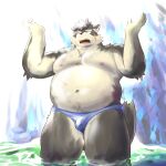  1boy animal_ears arms_up bad_id bad_twitter_id bara big_belly blue_male_swimwear brown_fur dog_boy dog_ears fat fat_man fawn2661 furry furry_male highres looking_up male_focus male_swimwear moritaka_(housamo) multiple_scars nipples plump scar solo sunlight swim_briefs thick_eyebrows thick_thighs thighs tokyo_afterschool_summoners wading 