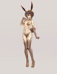  1girl :d absurdres animal_ears breasts brown_hair commission corruption full_body grey_background hand_on_own_chest highres liquid looking_at_viewer medium_breasts original pussy rabbit_ears rabbit_girl rabbit_tail shen_hai_ichigo short_hair smile solo standing tail variant_set yellow_eyes 