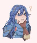  1girl 1other ? blue_eyes blue_hair blue_scarf commentary cropped_torso english_commentary fire_emblem fire_emblem_awakening hand_on_another&#039;s_cheek hand_on_another&#039;s_face highres long_hair lucina_(fire_emblem) pinwheejin scarf simple_background tiara upper_body white_background 