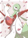  bob_cut claws colored_skin dragon dress falling_petals gardevoir green_hair hair_over_one_eye highres latias multicolored_skin open_mouth petals pink_background pink_eyes pokemon pokemon_(creature) shabana_may signature simple_background smile two-tone_skin white_dress white_skin yellow_eyes 