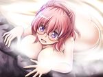  ass breasts cleavage glasses hair_ornament hairclip large_breasts long_hair looking_at_viewer looking_up onsen original pink_hair purple_eyes smile solo tonpuu 