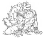  2014 anthro bowser digital_media_(artwork) erection gastropod goo horn hybrid koopa looking_at_viewer male mammal mario_bros nintendo nude penis scalie shell simple_background sketch slime smile snail solo spikes teeth toomanyboners video_games white_background wrist_cuff 