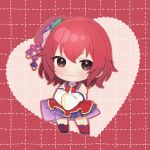  1girl bare_shoulders blush brown_eyes chibi crossed_arms dress full_body hair_ornament heart highres idol_clothes idolmaster idolmaster_cinderella_girls kanzashi looking_at_viewer murakami_tomoe red_hair short_hair smile solo umehara_ume 