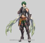  1boy arm_up black_gloves black_vest brown_footwear commentary_request fire_emblem fire_emblem:_radiant_dawn fire_emblem_heroes full_body gloves green_hair green_pants izuka_daisuke looking_at_viewer official_art pants scarf solo sothe_(fire_emblem) sothe_(resplendent)_(fire_emblem) vest white_scarf yellow_eyes 