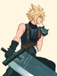  1boy armor baggy_pants black_gloves blonde_hair blue_eyes buster_sword chocobowings closed_mouth cloud_strife commentary cowboy_shot final_fantasy final_fantasy_vii final_fantasy_vii_remake gloves highres holding holding_sword holding_weapon huge_weapon looking_to_the_side male_focus pants profile ribbed_sweater short_hair shoulder_armor simple_background single_bare_shoulder sleeveless sleeveless_turtleneck solo spiked_hair suspenders sweater sword turtleneck turtleneck_sweater weapon 