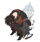  1boy ahoge belt blue_belt brown_hair cape chair commentary_request full_body granblue_fantasy green_cape hair_between_eyes high_heels highres hood hood_down leaning_forward male_focus meme messy_hair nodplus50pts on_chair own_hands_clasped own_hands_together pants plant sandalphon_(granblue_fantasy) shinji_in_a_chair_(meme) short_hair tight_clothes tight_pants vines 