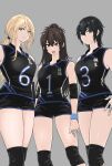  3girls :d absurdres armpit_crease bandaged_fingers bandages black_hair black_shorts blonde_hair breasts brown_eyes closed_mouth commentary_request dot_mouth fuku_(fuku12290574) grey_background hair_between_eyes hair_bun hand_on_own_hip highres jersey knee_pads large_breasts long_hair looking_at_viewer medium_breasts multiple_girls open_mouth original ponytail shirt short_shorts shorts sidelocks simple_background sleeveless sleeveless_shirt smile sportswear standing thighs v-shaped_eyebrows volleyball_uniform wolf_cut yellow_eyes 