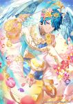  1boy ahoge baggy_pants blue_eyes blue_hair blue_nails blue_wings crossed_legs falling_petals feathered_wings flower hair_ornament hatsune_miku_graphy_collection highres kaito_(vocaloid) looking_at_viewer male_focus musical_note official_art pants petals pink_flower purple_flower sandals sawashi_(ur-sawasi) short_hair sitting smile sparkle vocaloid wings yellow_flower yellow_pants 