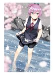 barefoot bike_shorts black_skirt black_vest blue_eyes breast_pocket cherry_blossoms dutch_angle eyebrows_visible_through_hair full_body gloves hair_between_eyes hair_ornament highres ichifuji_nitaka_(phase_nine) kantai_collection lifted_by_self looking_at_viewer neck_ribbon outdoors pink_hair pleated_skirt pocket ponytail red_neckwear red_ribbon ribbon rock school_uniform shiranui_(kantai_collection) shirt short_hair short_sleeves shorts shorts_under_skirt skirt skirt_basket solo standing vest wading water white_gloves white_shirt 