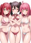  3girls :o absurdres ahoge bikini black_hair blunt_bangs blush breasts closed_mouth collarbone green_eyes highres in-franchise_crossover kurosawa_ruby long_hair looking_at_viewer love_live! love_live!_nijigasaki_high_school_idol_club love_live!_school_idol_project love_live!_sunshine!! medium_hair multiple_girls navel parted_lips pink_bikini pink_hair red_bikini red_eyes red_hair simple_background small_breasts smile standing sunya_(honorin-yuunibo) swimsuit tennoji_rina twintails two_side_up white_background white_bikini yazawa_nico yellow_eyes 