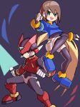  1boy 1girl aile_(mega_man_zx) armor black_bodysuit blonde_hair blue_footwear blue_jacket bodysuit bodysuit_under_clothes boots breasts brown_hair crop_top cropped_jacket energy_sword forehead_jewel green_eyes grey_background highres holding holding_sword holding_weapon in-franchise_crossover jacket long_hair mega_man_(series) mega_man_zero_(series) mega_man_zx red_footwear red_helmet robot_ears shaded_face short_hair shorts suiran_(suiran2822) sword weapon white_shorts z_saber zero(z)_(mega_man) zero_(mega_man) 