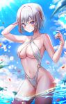  1girl absurdres blue_eyes blue_sky breasts cloud contrapposto day highleg highleg_swimsuit highres honkai:_star_rail honkai_(series) medium_breasts multicolored_hair nq_(nnq_q) o-ring o-ring_swimsuit outdoors partially_underwater_shot red_hair short_hair sky solo streaked_hair swimsuit topaz_(honkai:_star_rail) wading white_hair white_slingshot_swimsuit 