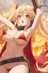  1girl @_@ abpart absurdres ahoge armpits azur_lane belt bikini black_belt black_horns blonde_hair bluecher_(azur_lane) bluecher_(skyward_burning_love)_(azur_lane) bouncing_breasts breasts cape commentary english_commentary explosion fang highres horns large_breasts long_hair looking_at_viewer navel official_alternate_costume open_mouth red_bikini red_cape red_eyes skin_fang solo swimsuit tears twintails 