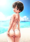  1girl :d arms_at_sides back bare_arms bare_shoulders beach bikini black_hair blue_sky brown_eyes cloud cowboy_shot day fang flat_chest from_behind halterneck highres light_blush looking_at_viewer looking_back micro_bikini ocean one-piece_tan open_mouth original osuzu_akiomi outdoors short_hair sky smile solo standing string_bikini swimsuit tan tanlines thigh_gap tomboy tongue twisted_torso very_short_hair white_bikini 