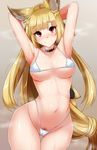  animal_ears armpits arms_behind_head arms_up ass_visible_through_thighs bangs bikini blonde_hair blush braid breasts brown_background choker contrapposto cowboy_shot erune eyebrows_visible_through_hair granblue_fantasy head_tilt heavy_breathing highleg highleg_bikini large_breasts long_hair looking_at_viewer low-tied_long_hair micro_bikini navel nose_blush pubic_hair pubic_hair_peek red_eyes smile solo standing swimsuit tenken_(gotannda) thigh_gap underboob very_long_hair wet white_bikini wide_hips yuisis_(granblue_fantasy) 