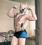  abs anthro anthrofied athletic bolt bolt_(film) bulge canine clothing detailed_background disney dog eyebrow_piercing facial_piercing fishnet gym_shorts looking_at_viewer mammal nipple_piercing nipples one_eye_closed photo_background piercing pinup pose sharp_teeth smile teeth tight_clothing wink xrayzebra4 